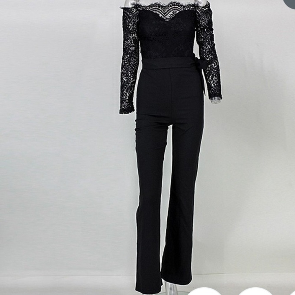 NWOT Black long jumpsuit with over shoulder lace